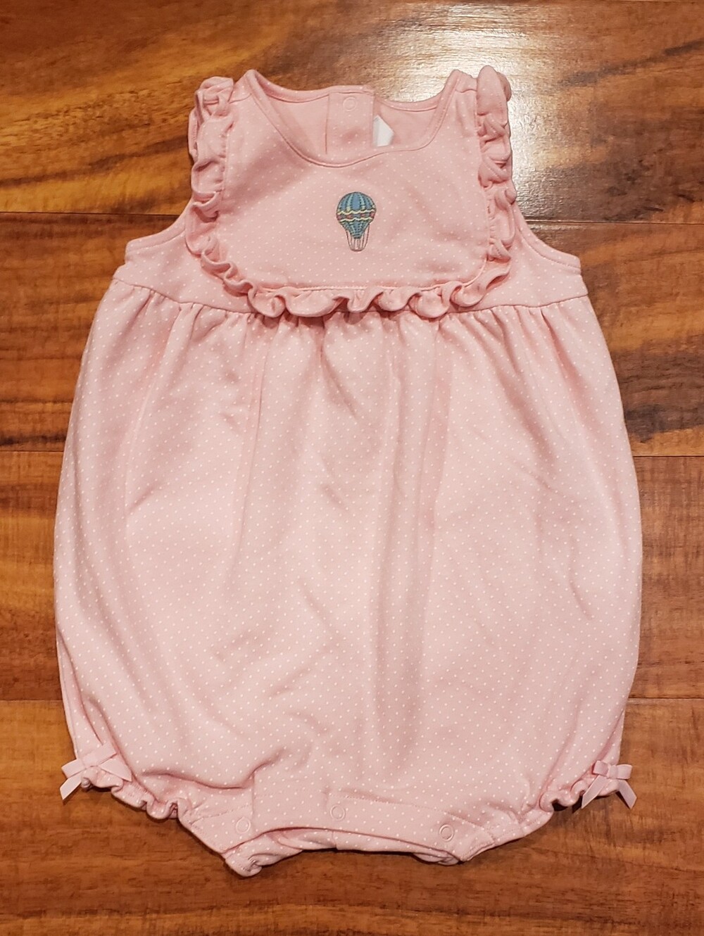 Janie & Jack EUC 12-18 months pink pindot romper w/ embroidered hot air balloon